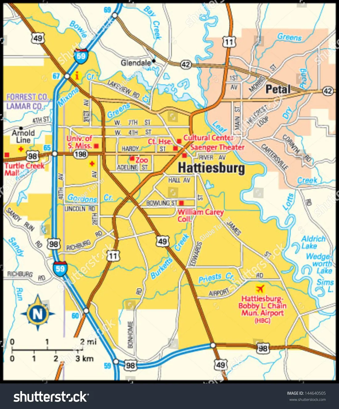 Map of the Hattiesburg and Pine Belt service area including Petal, Forrest and Lamar counties, showing US-49, US-98 and Interstate 59